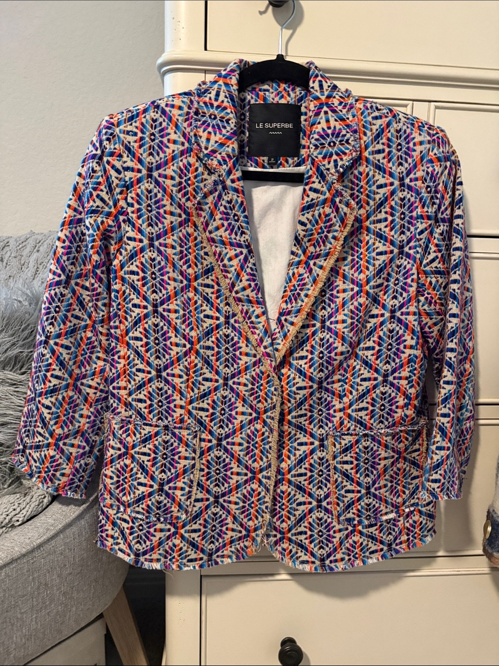 Le Superbe Women's Multicolor Patterned Blazer - Vibrant Blue & Pink - Size 2